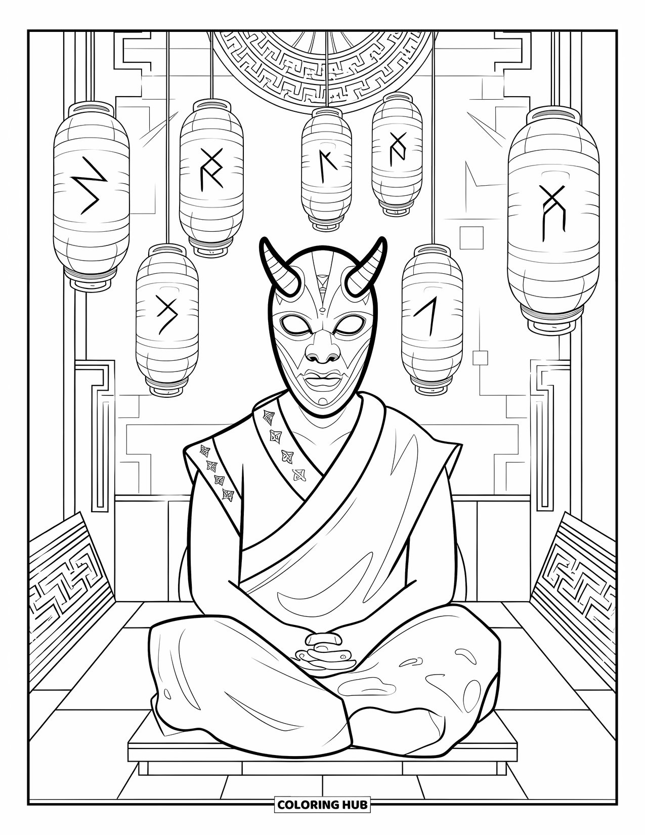 Scary Monster Coloring Page for Adults: A masked demon meditates under lanterns with runes inside a carved temple