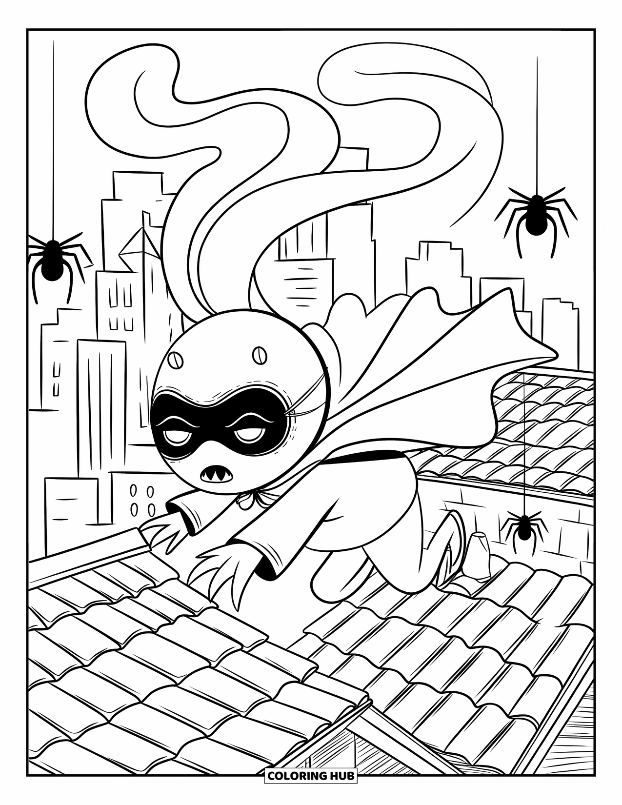 Scary Monster Coloring Page for Adults: A masked monster with claws and cape sneaks rooftops with smoke and dangling spiders