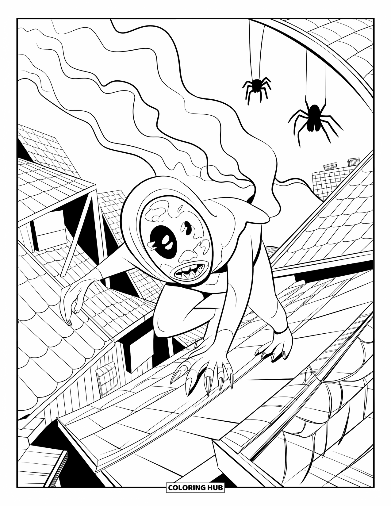 Scary Monster Coloring Page for Adults: A masked monster with claws sneaks crooked rooftops with trailing smoke and hanging spiders