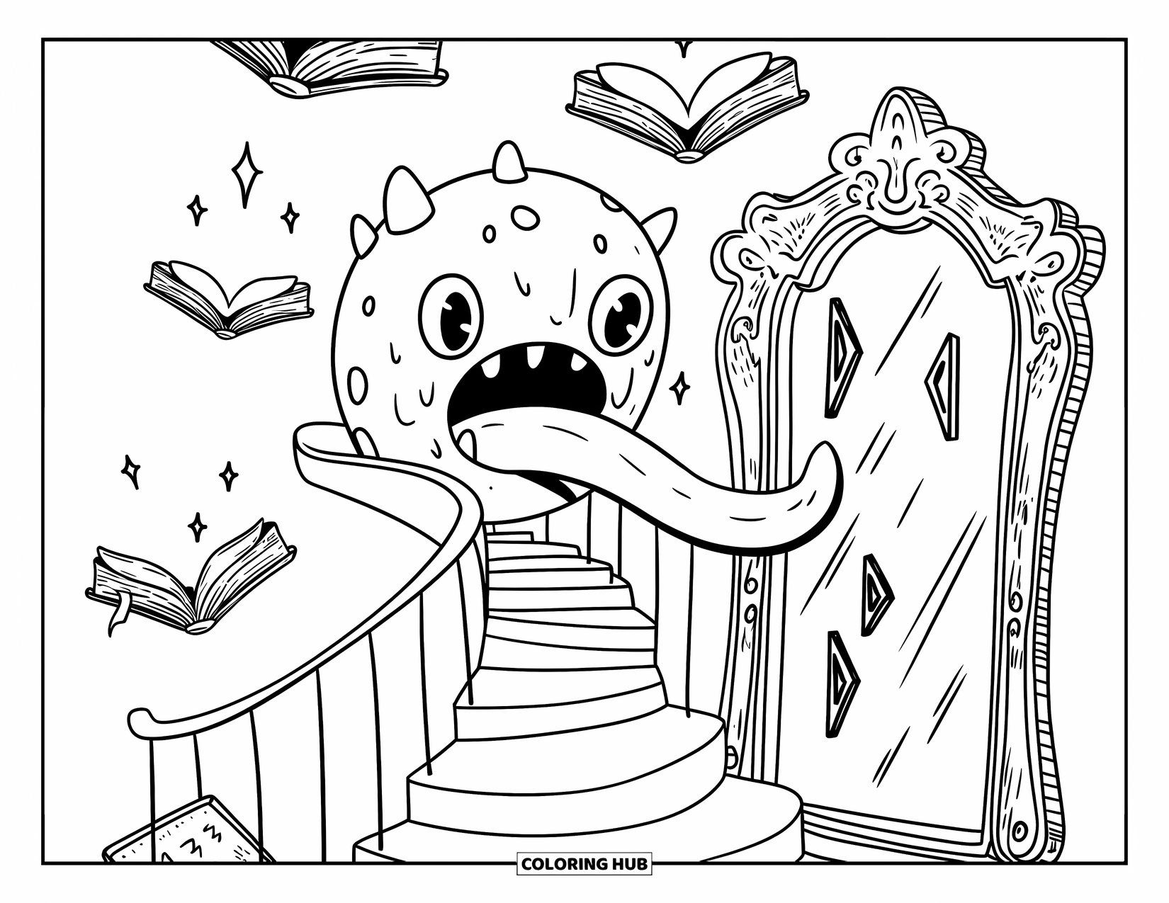 Scary Monster Coloring Page for Adults: A monster with a long tongue wraps a staircase while books and runes float around