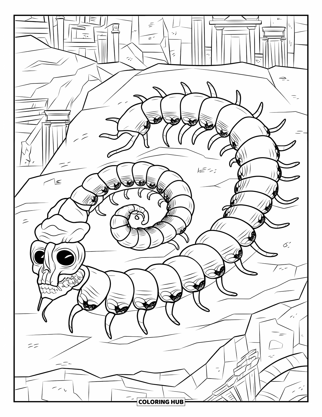 Scary Monster Coloring Page for Adults: A monstrous centipede with skull faces coils in an ancient spiral on rocky ground