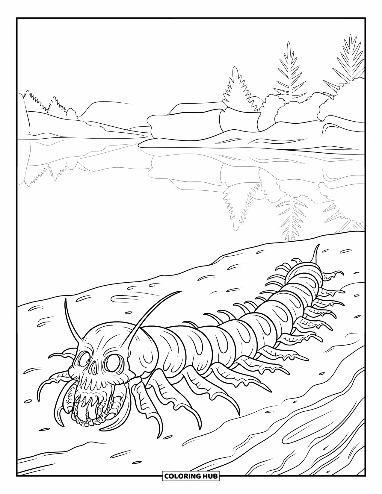 Scary Monster Coloring Page for Adults: A monstrous centipede with skull faces coils near a lake and trees reflecting the sky