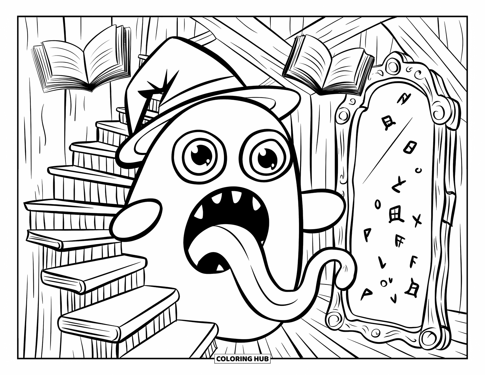 Scary Monster Coloring Page for Adults: A mystery monster with big eyes and wizard hat coils on stairs with books and runes