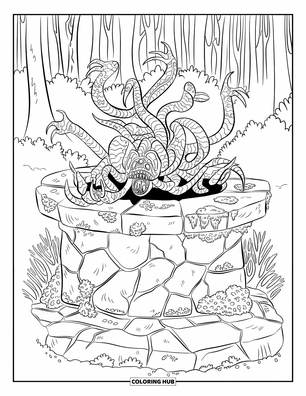 Scary Monster Coloring Page for Adults: A serpent-like vine creature with many heads rises from a cracked altar in a dense forest