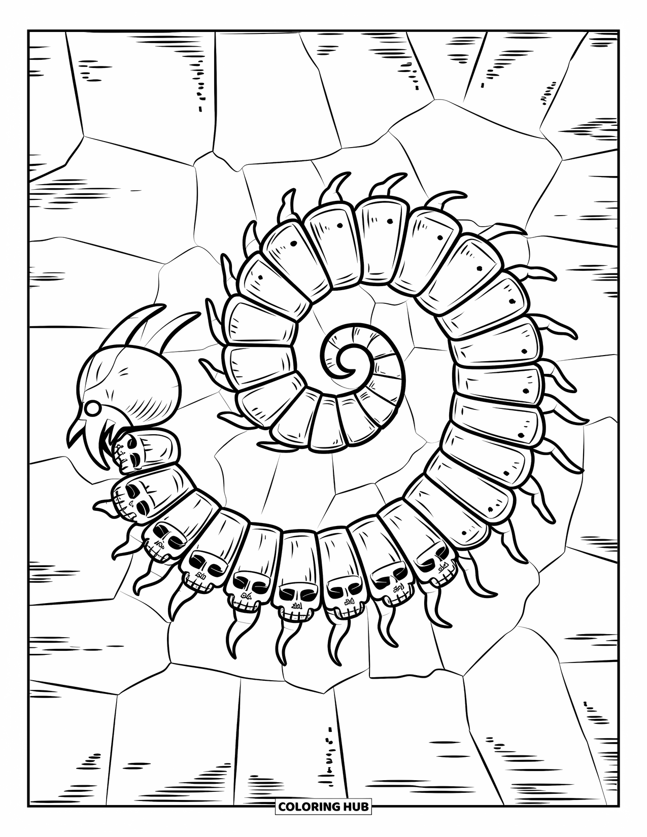 Scary Monster Coloring Page for Adults: A skull-faced centipede with 100 segments coils tightly on ancient stone patterns