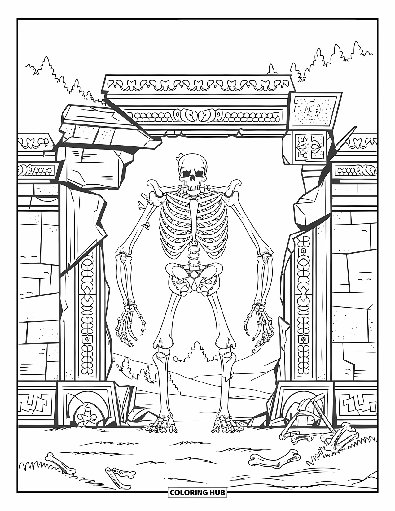 Scary Monster Coloring Page for Adults: A skull-headed bone golem stands by a broken temple gate in a misty mountain scene
