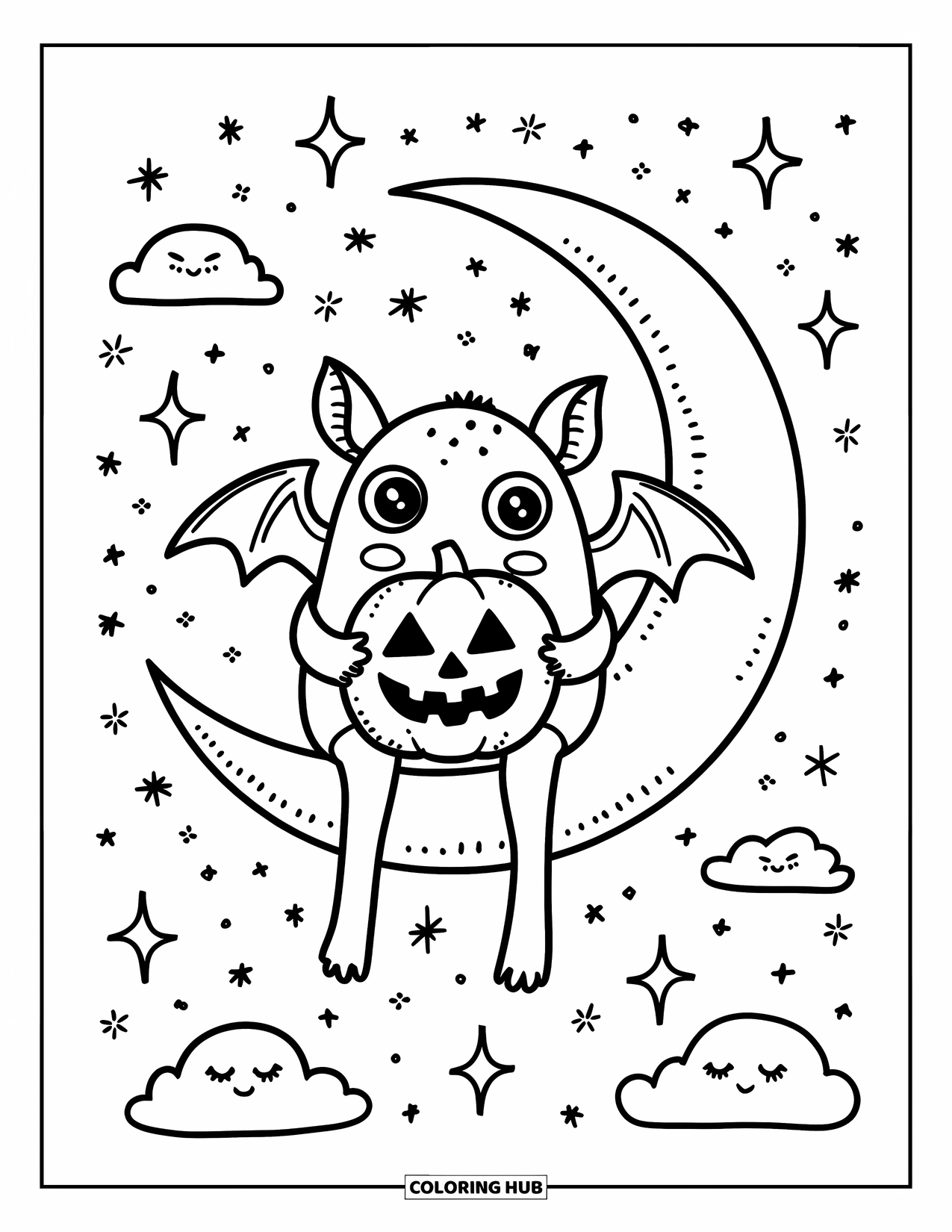 Scary Monster Coloring Page for Adults: A small bat-winged monster holds a plush pumpkin while sitting on a crescent moon