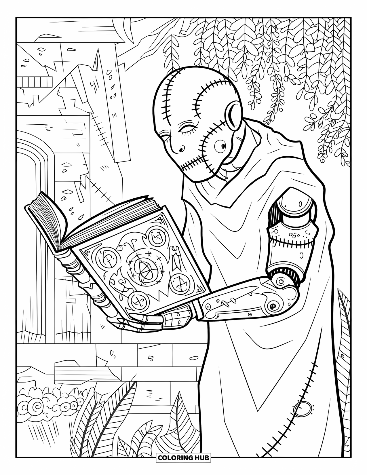 Scary Monster Coloring Page for Adults: A stitched humanoid monster with a mechanical arm holds an arcane book near a ruined building