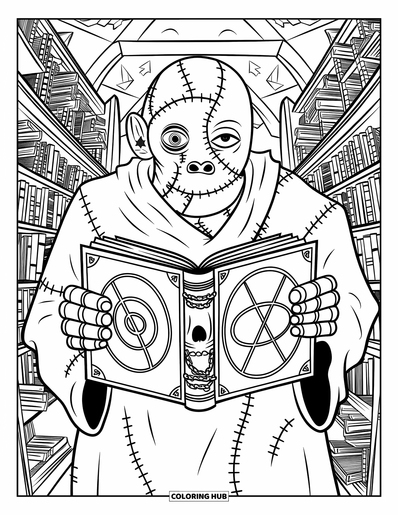 Scary Monster Coloring Page for Adults: A stitched monster in a tattered robe holds a chained skull book inside an ancient library