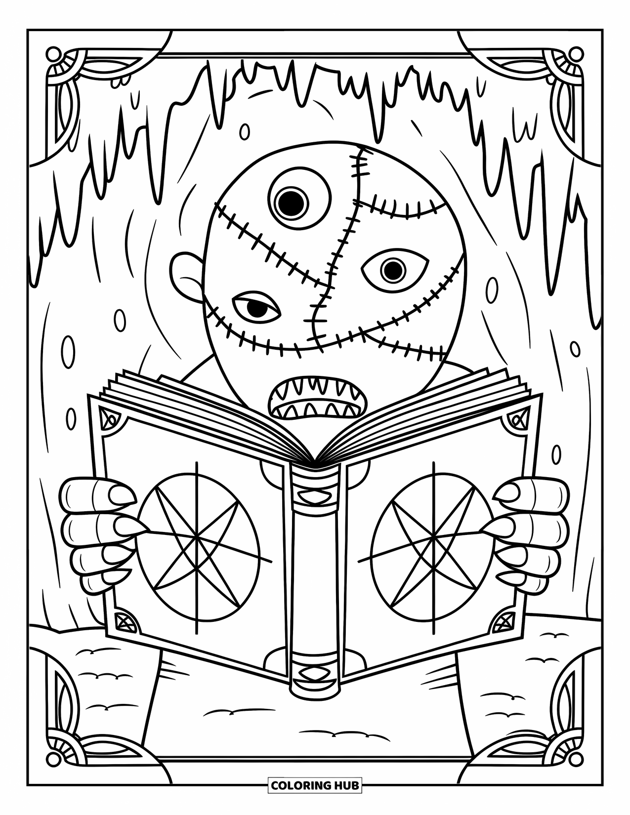 Scary Monster Coloring Page for Adults: A stitched monster with many eyes holds an open book of arcane symbols in a dark cave