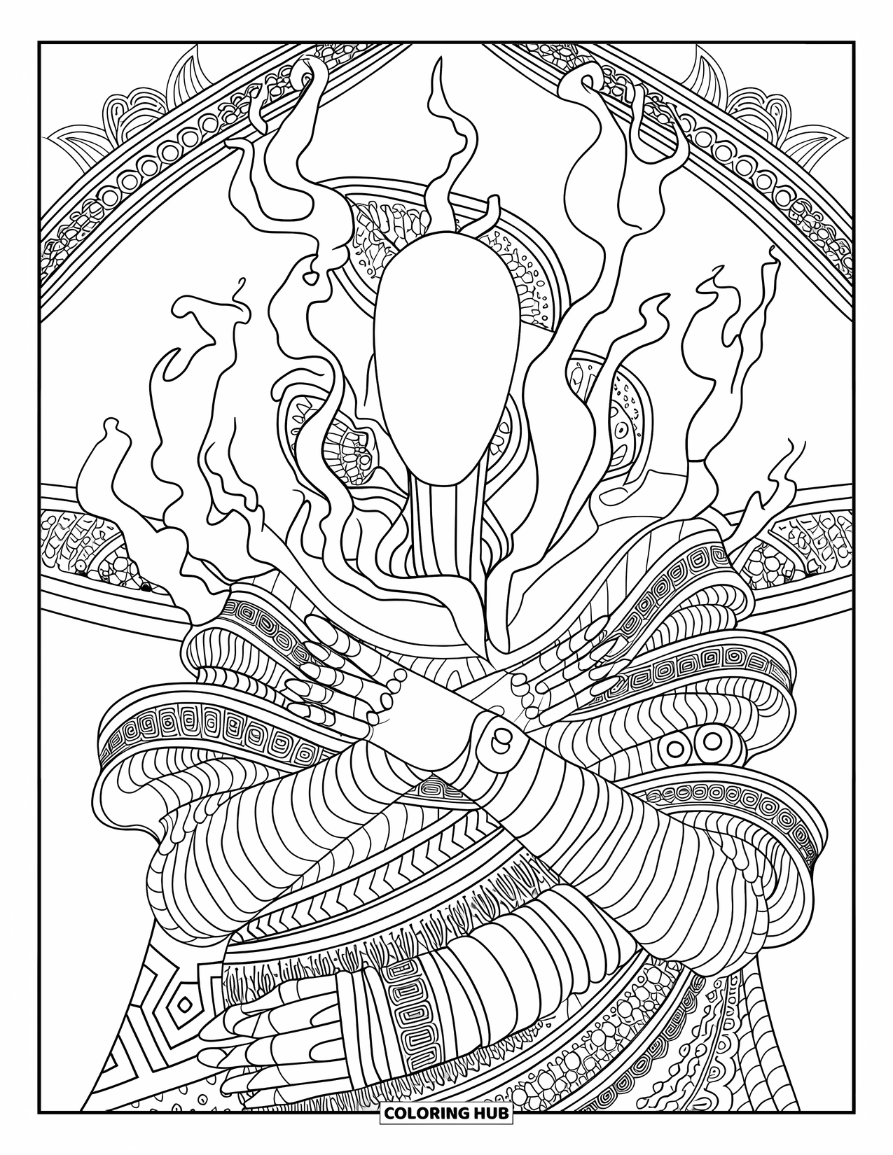 Scary Monster Coloring Page for Adults: A tall faceless creature with smoke limbs and ritual bands stands among patterns and borders