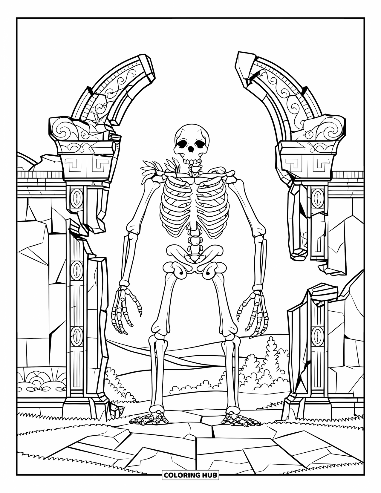 Scary Monster Coloring Page for Adults: A towering bone-and-branch golem stands before a crumbling temple gate near hills