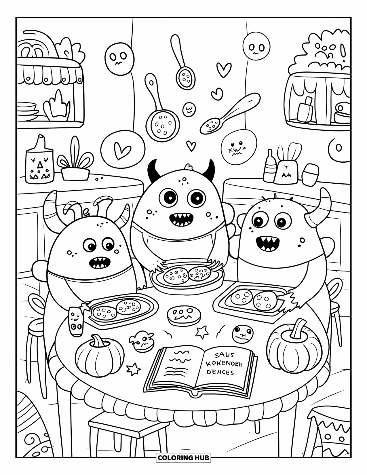 Scary Monster Coloring Page for Adults: A trio of stubby monsters bake spooky cookies in a warm, cozy kitchen
