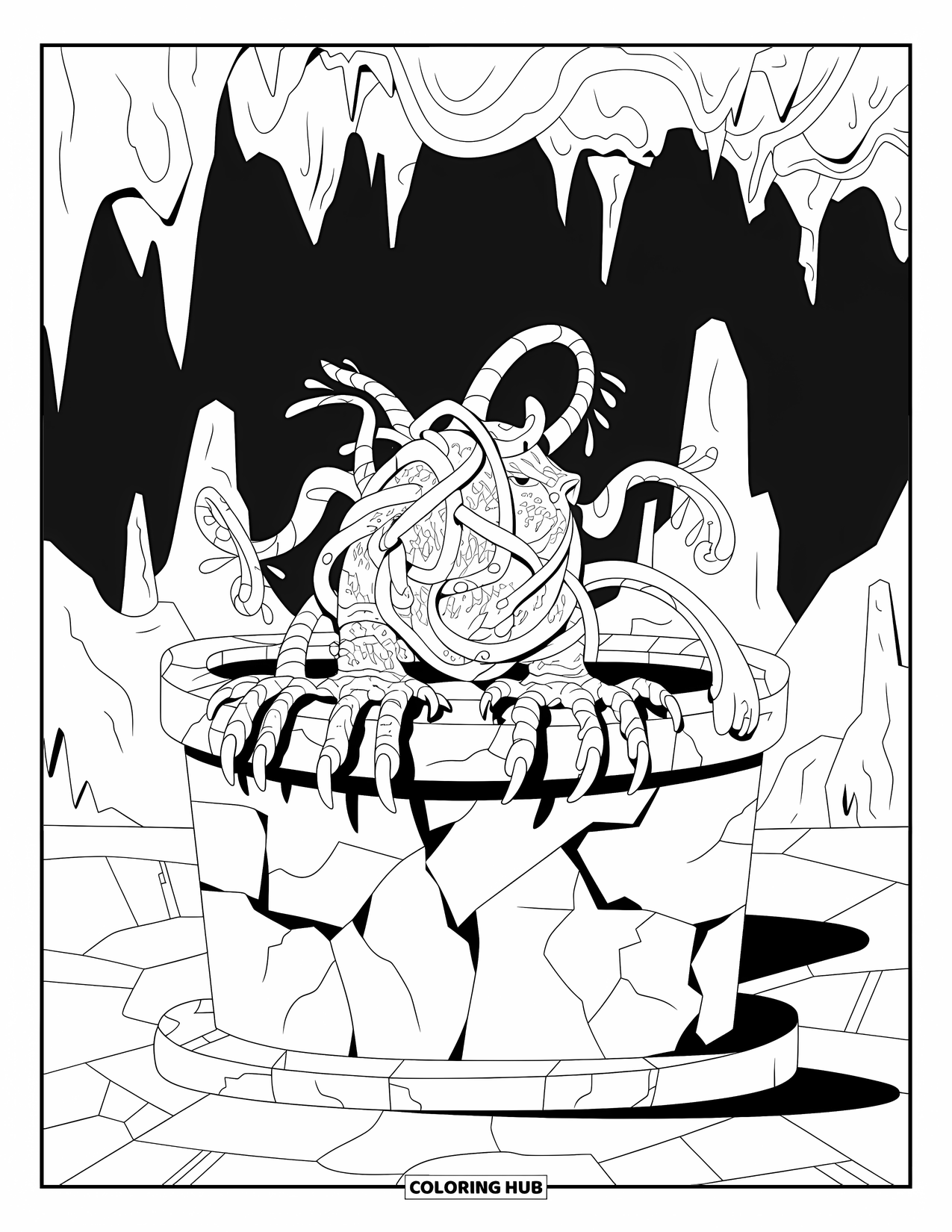 Scary Monster Coloring Page for Adults: A twisted vine monster with claws emerges from a cracked altar inside a dark cave