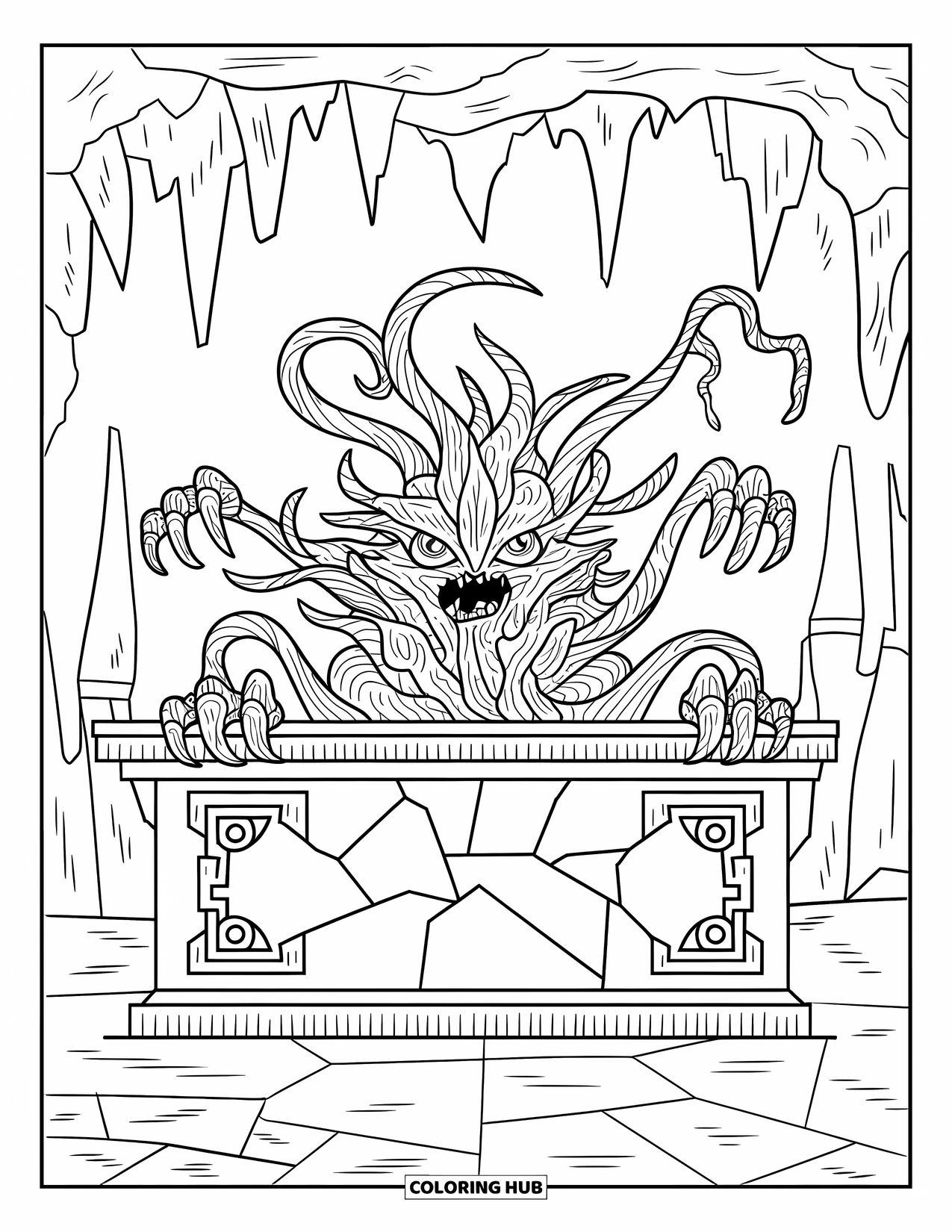 Scary Monster Coloring Page for Adults: A vine-clawed monster emerges from a cracked altar inside a dark cave with patterns