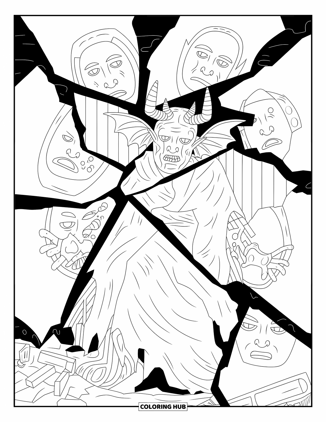 Scary Monster Coloring Page for Adults: A winged demon with horns is trapped in a shattered mirror inside a dark room