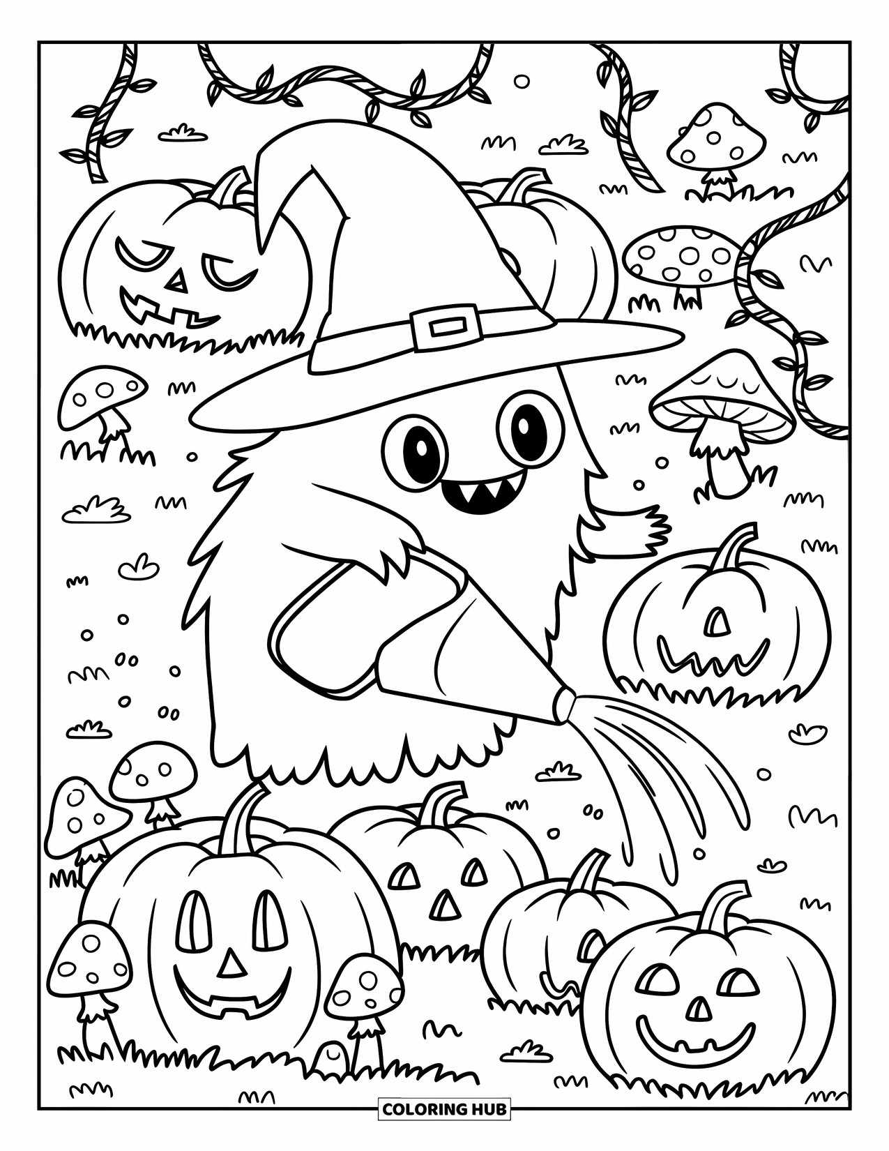 Scary Monster Coloring Page for Adults: A witch-hat monster tends smiling pumpkins with hidden mushrooms and garden gnomes