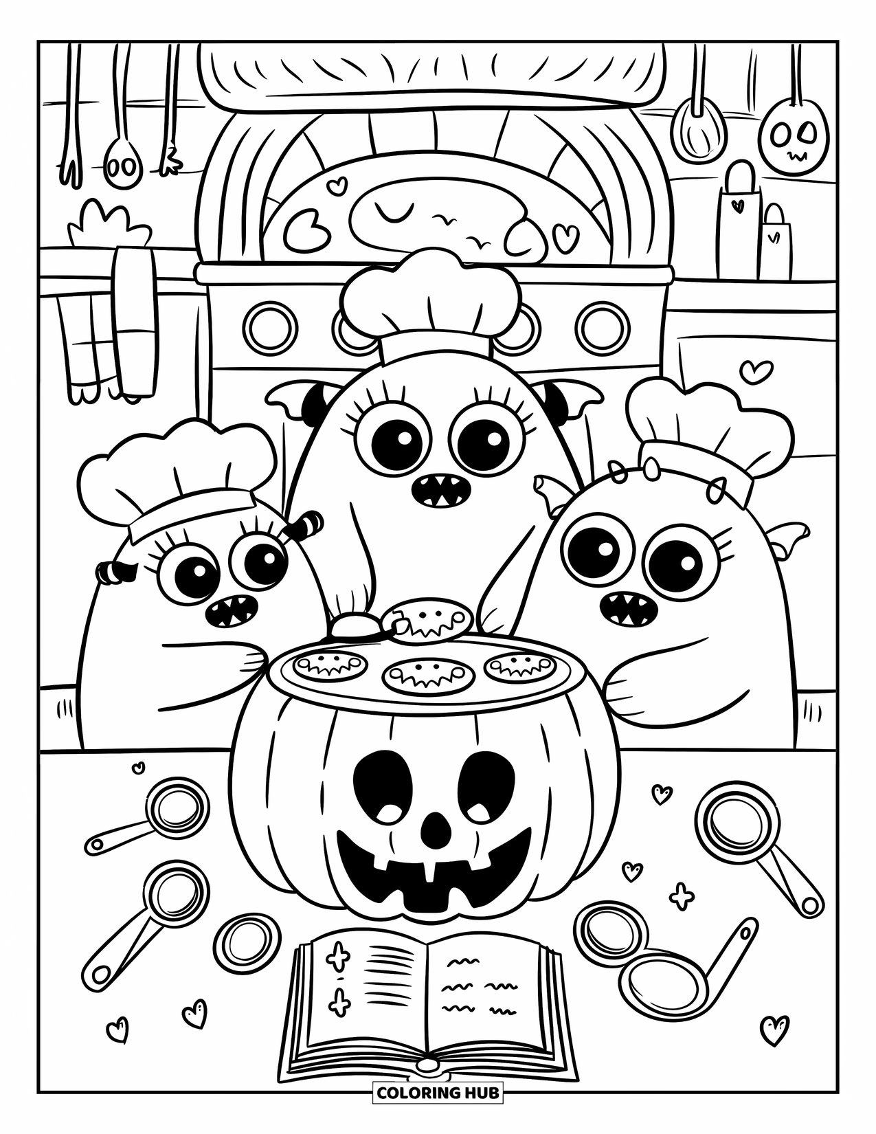 Scary Monster Coloring Page for Adults: Three cute monsters in chef hats bake spooky cookies around a pumpkin-shaped table