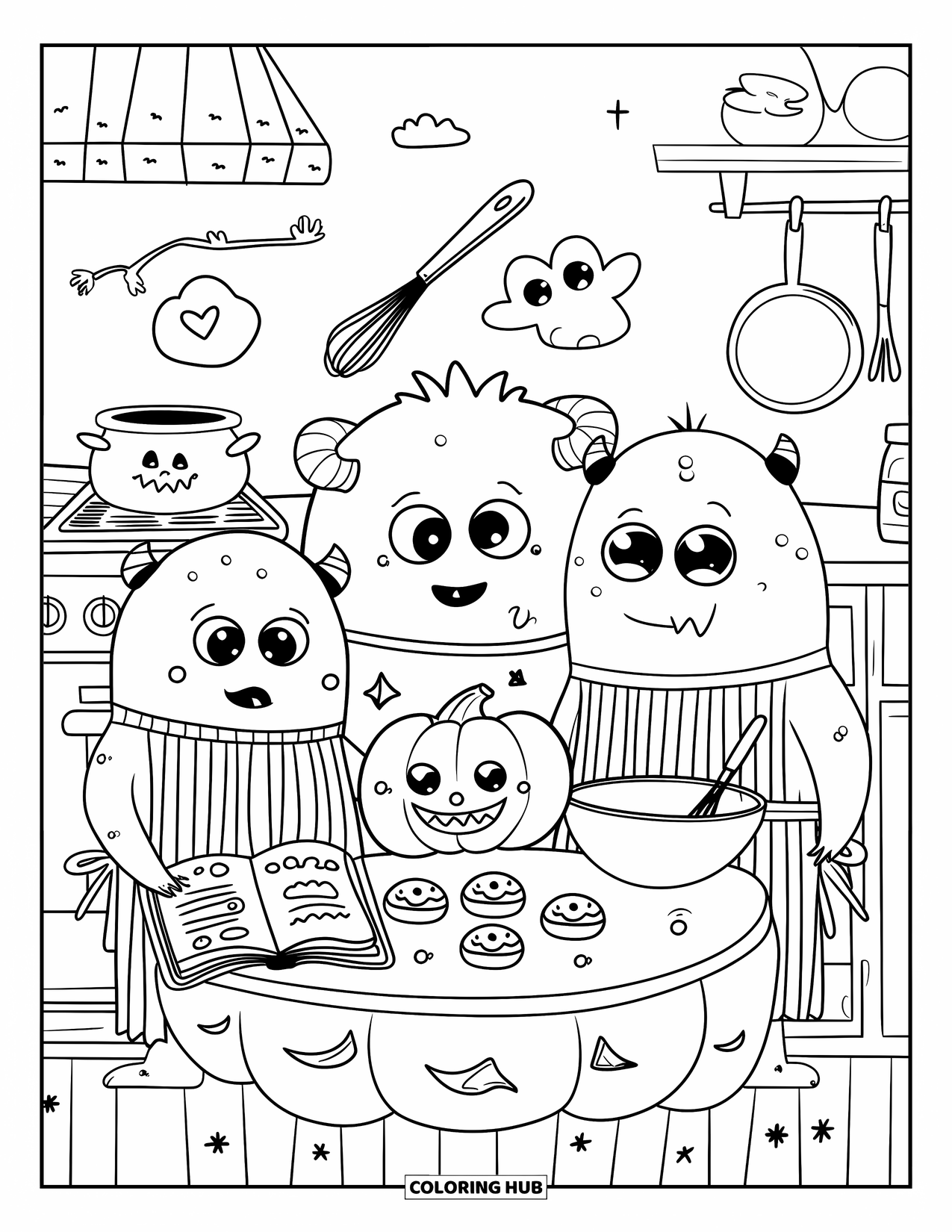 Scary Monster Coloring Page for Adults: Three stubby monsters in aprons bake spooky cookies at a pumpkin table in a cozy kitchen