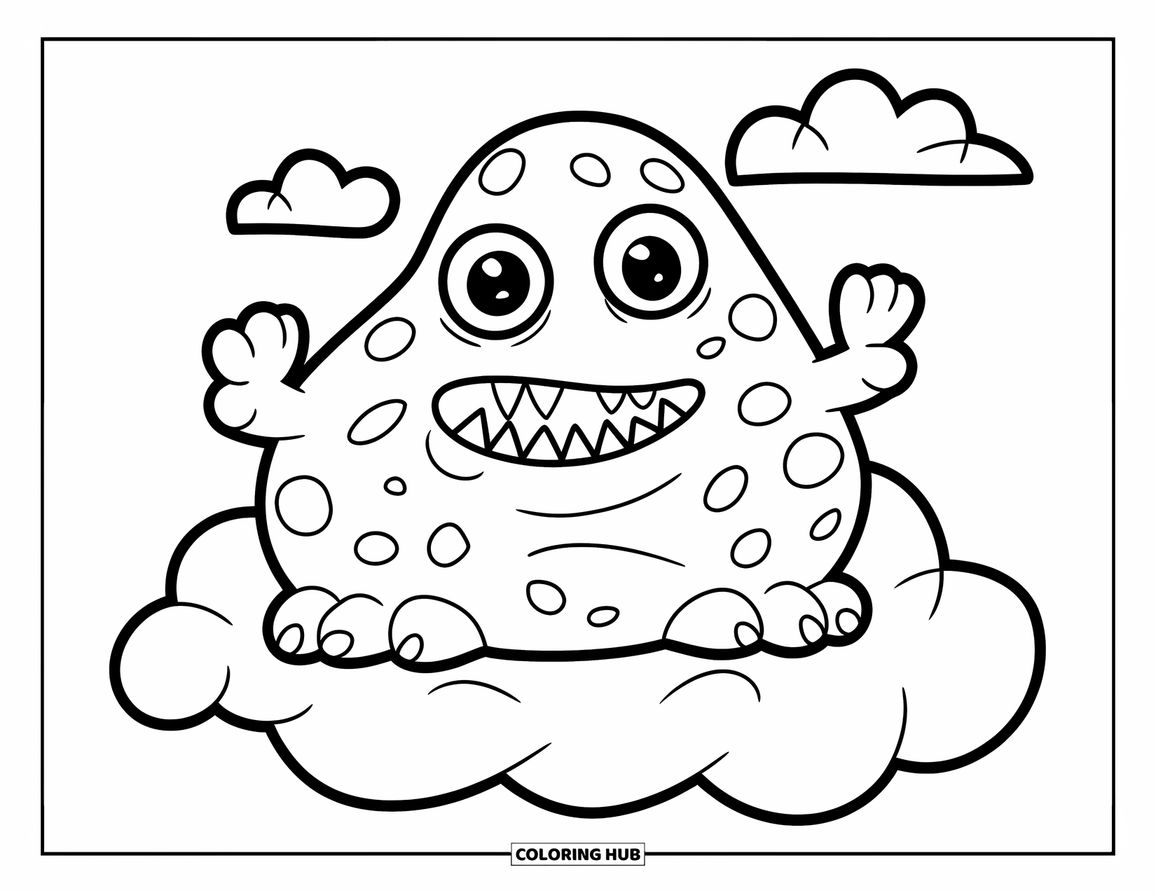 Scary Monster Coloring Page for Kids: A blob-shaped monster with zigzag teeth sits on a cloud high above