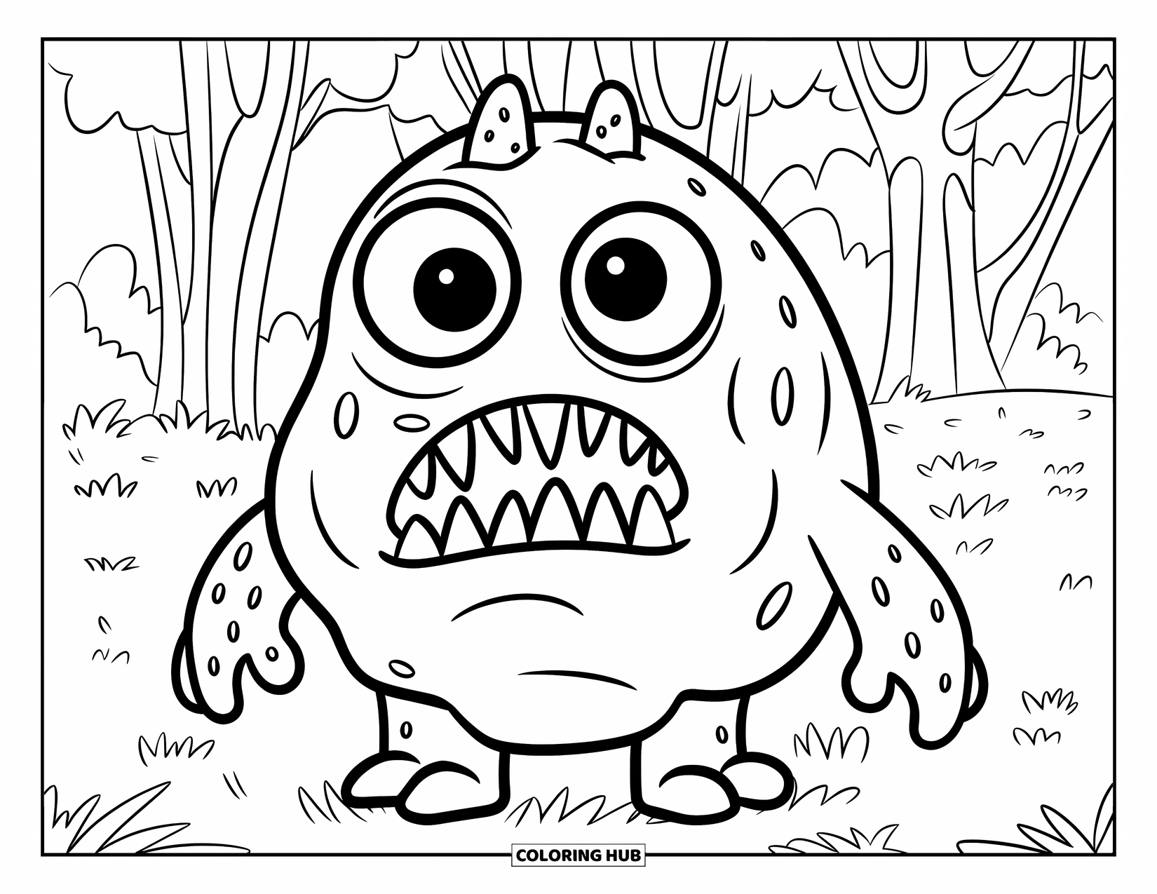 Scary Monster Coloring Page for Kids: A blob-shaped monster with zigzag teeth stands in a grassy field near trees