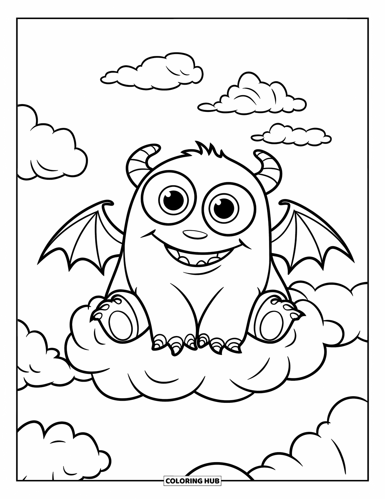 Scary Monster Coloring Page for Kids: A cheerful monster with bat wings sits on a cloud under a clear sky