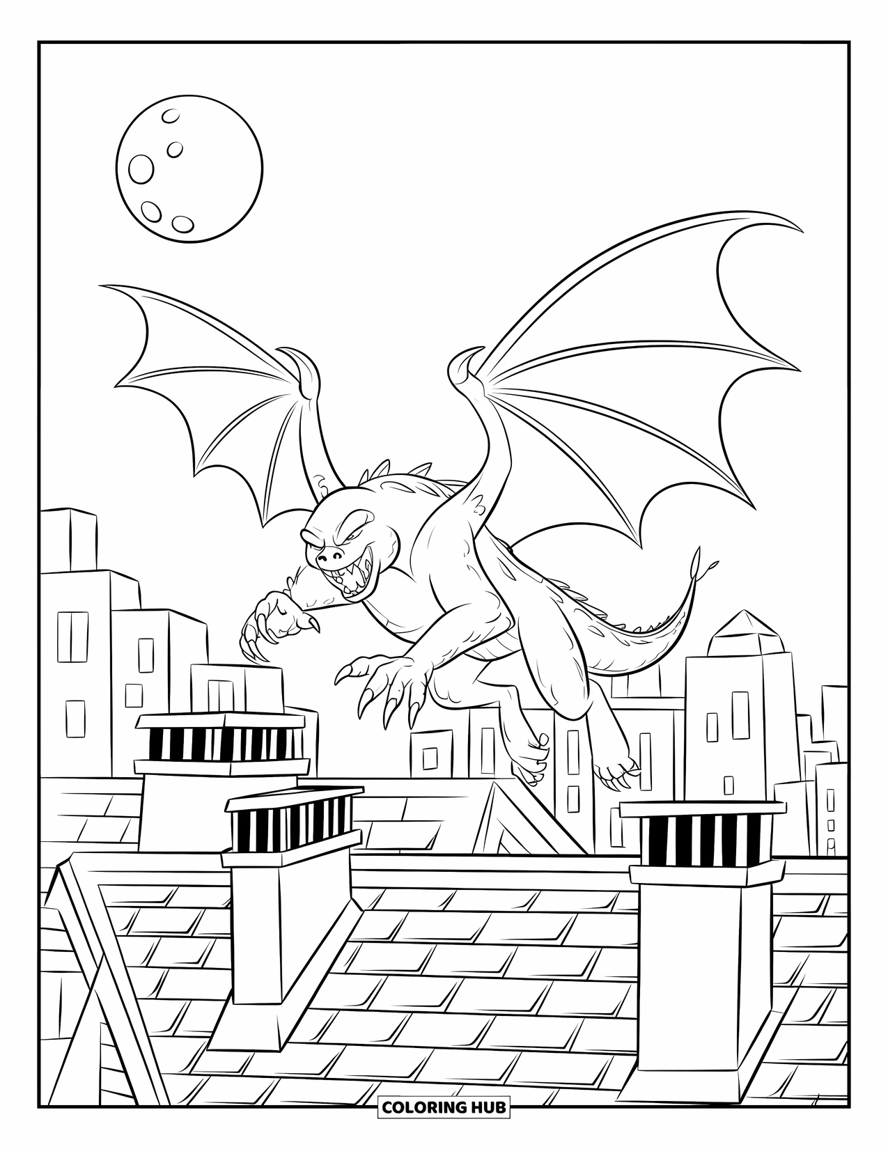Scary Monster Coloring Page for Kids: A clawed winged monster leaps over chimneys and rooftops under a full moon