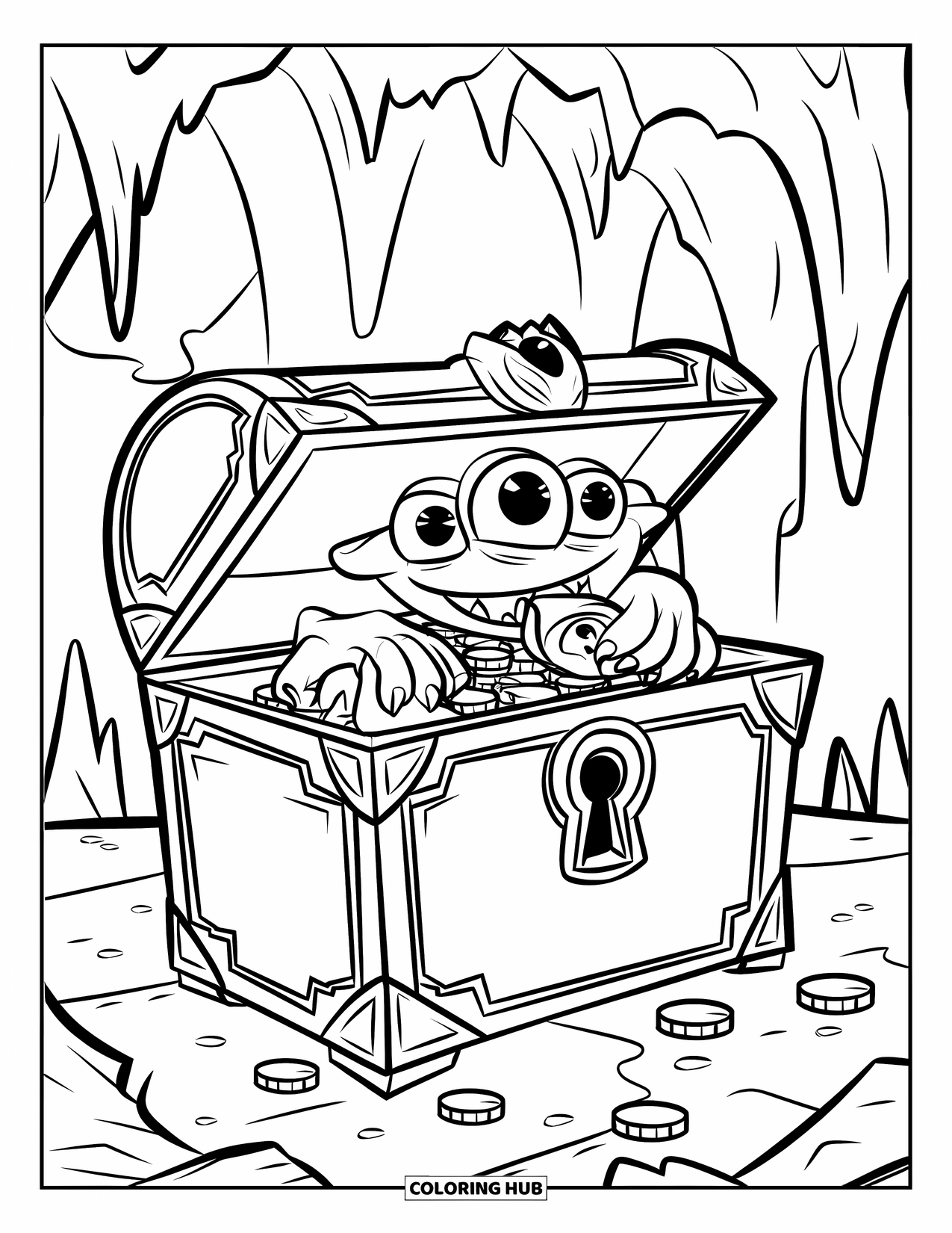 Scary Monster Coloring Page for Kids: A crowned three-eyed monster with treasure peeks from a chest in a cave