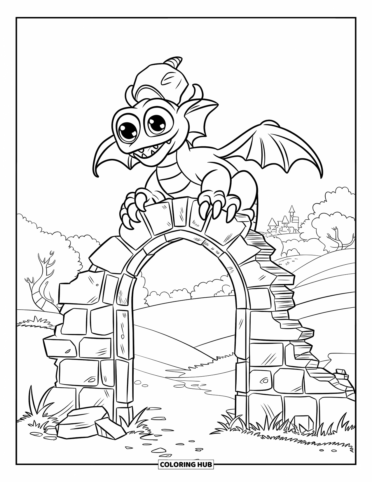 Scary Monster Coloring Page for Kids: A dragon-like monster with big eyes sits atop a crumbling stone gate near hills