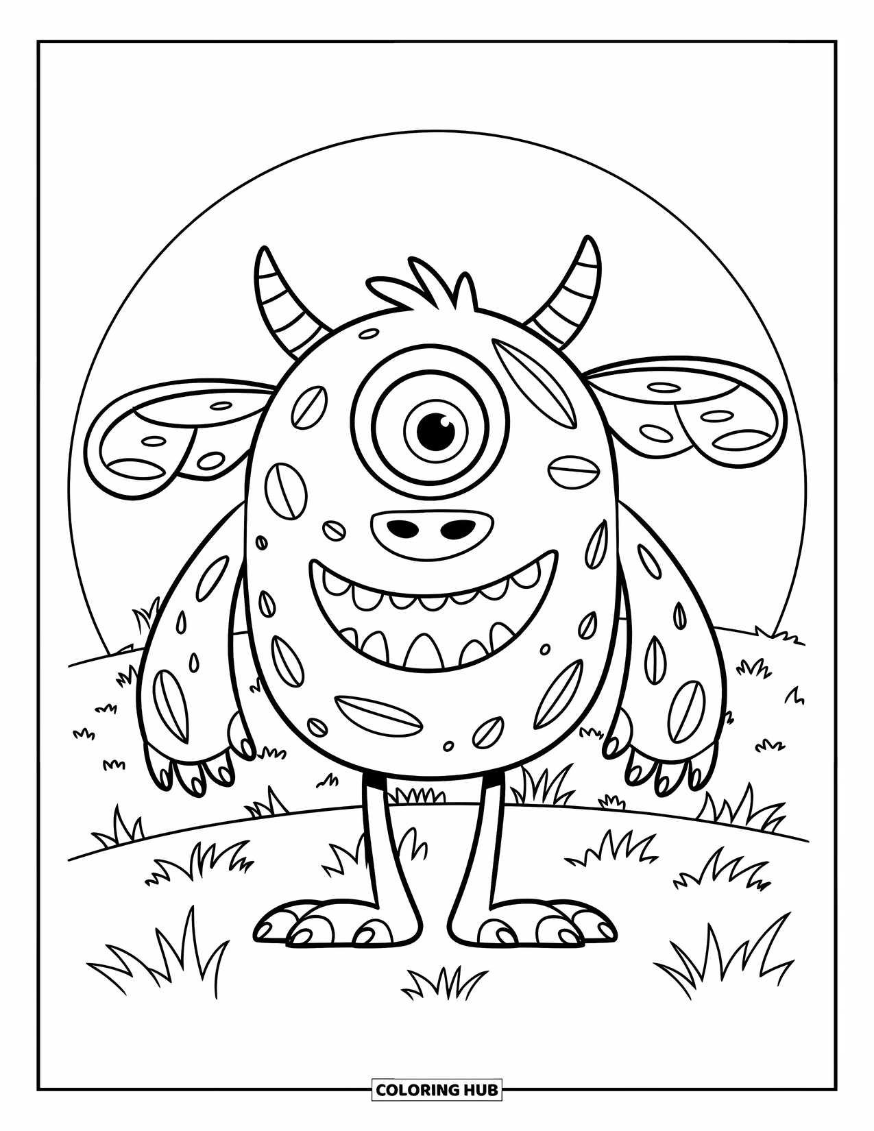 Scary Monster Coloring Page for Kids: A floppy-eared monster with one big tooth smiles while standing on a grassy field