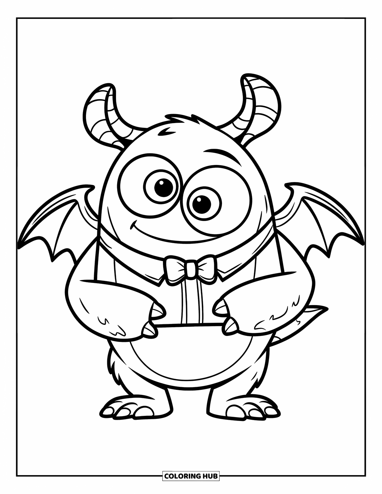 Scary Monster Coloring Page for Kids: A friendly monster with bat wings stands in a shirt and bowtie smiling