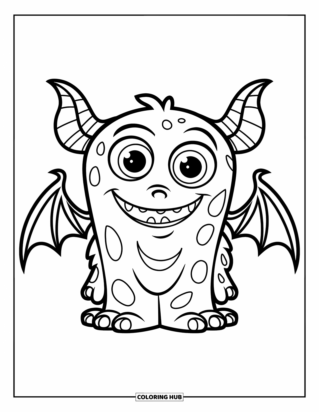 Scary Monster Coloring Page for Kids: A friendly monster with big eyes and tiny bat wings sits playfully