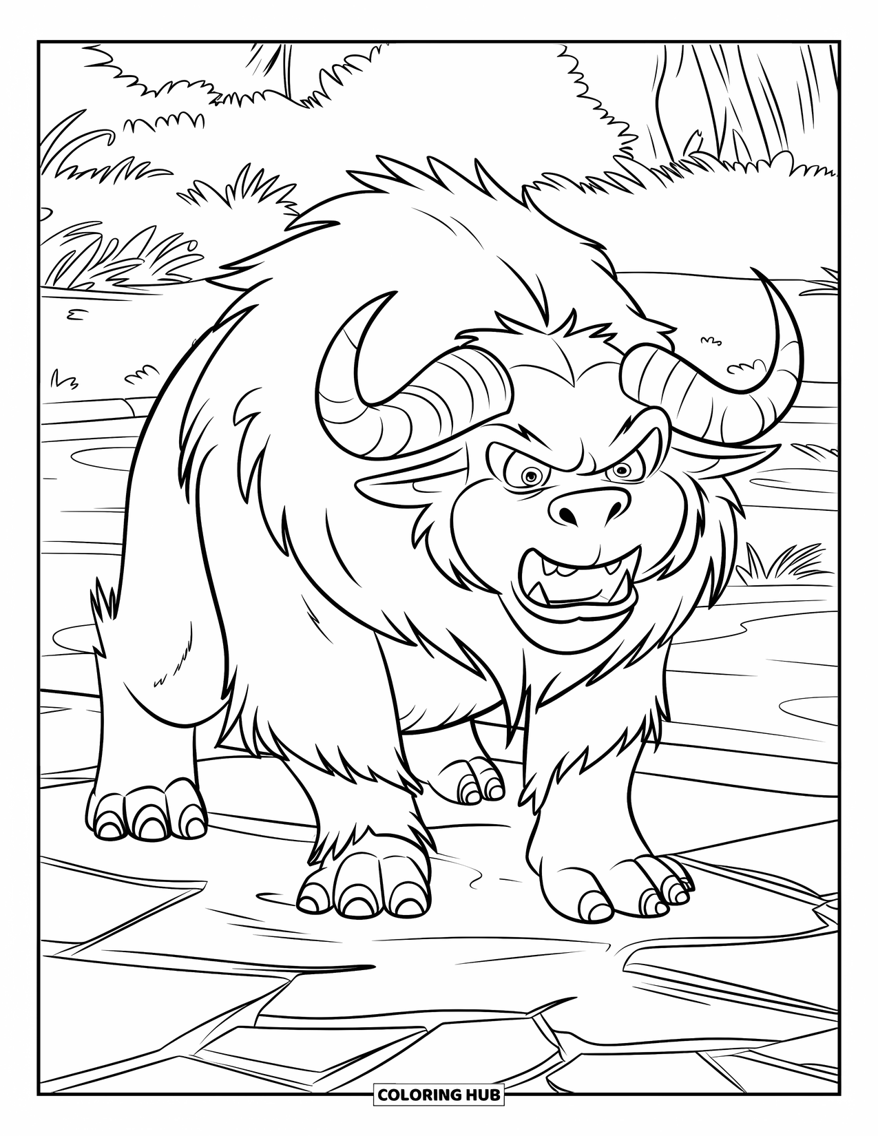 Scary Monster Coloring Page for Kids: A fur-covered horned brute growls near a cracked pond and wild greenery