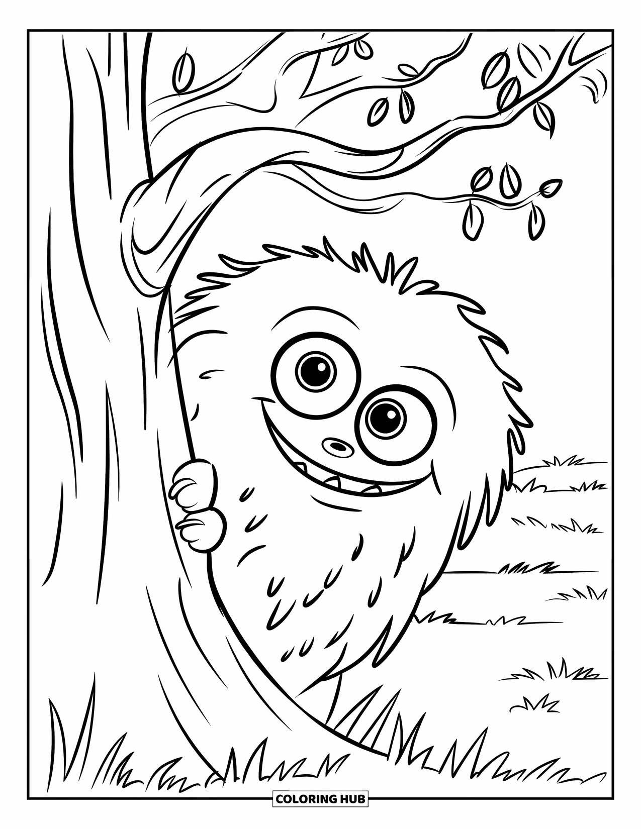 Scary Monster Coloring Page for Kids: A fuzzy monster peeks shyly from behind a tree in a grassy area