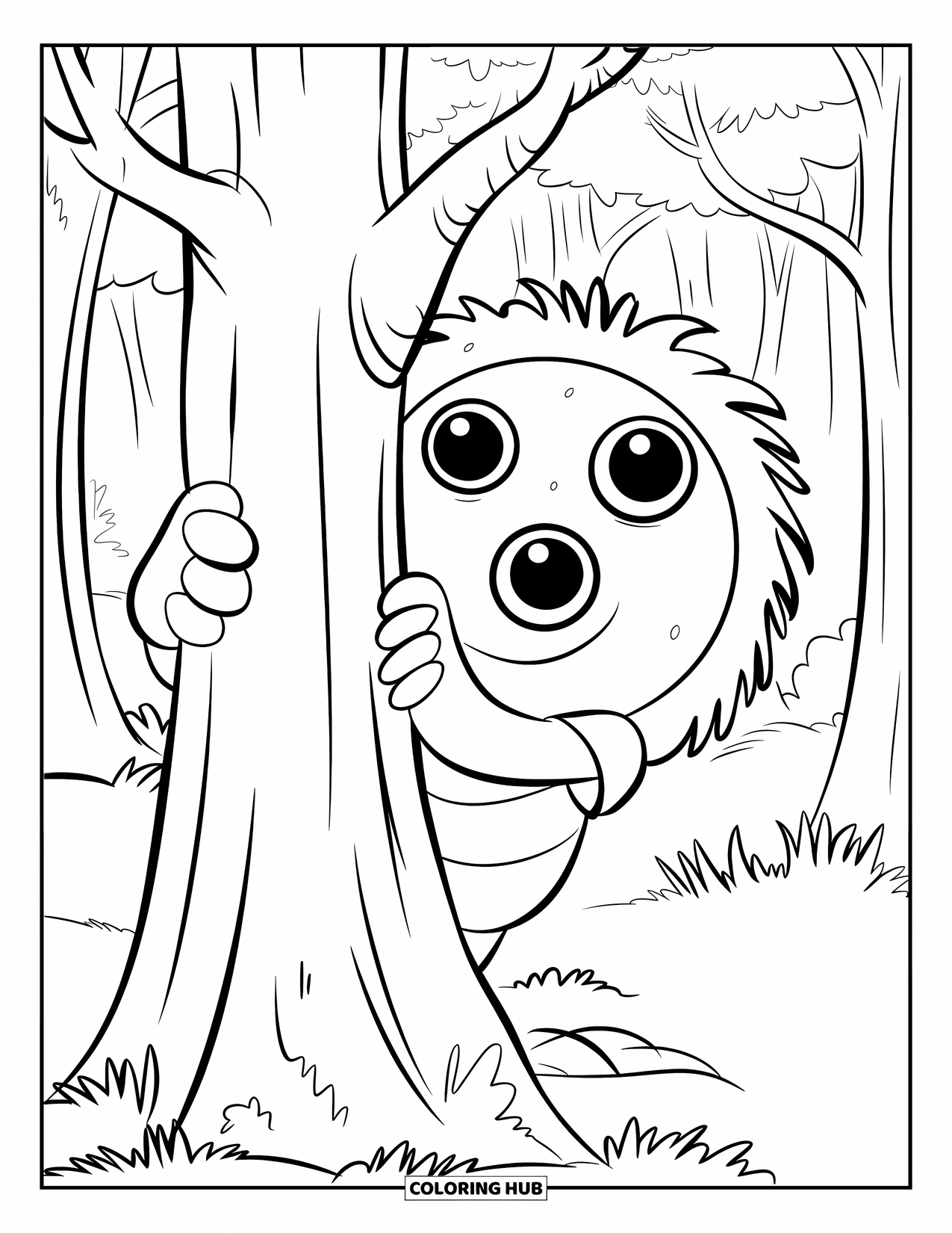 Scary Monster Coloring Page for Kids: A fuzzy monster wearing a shirt peeks from behind a tree in a forest