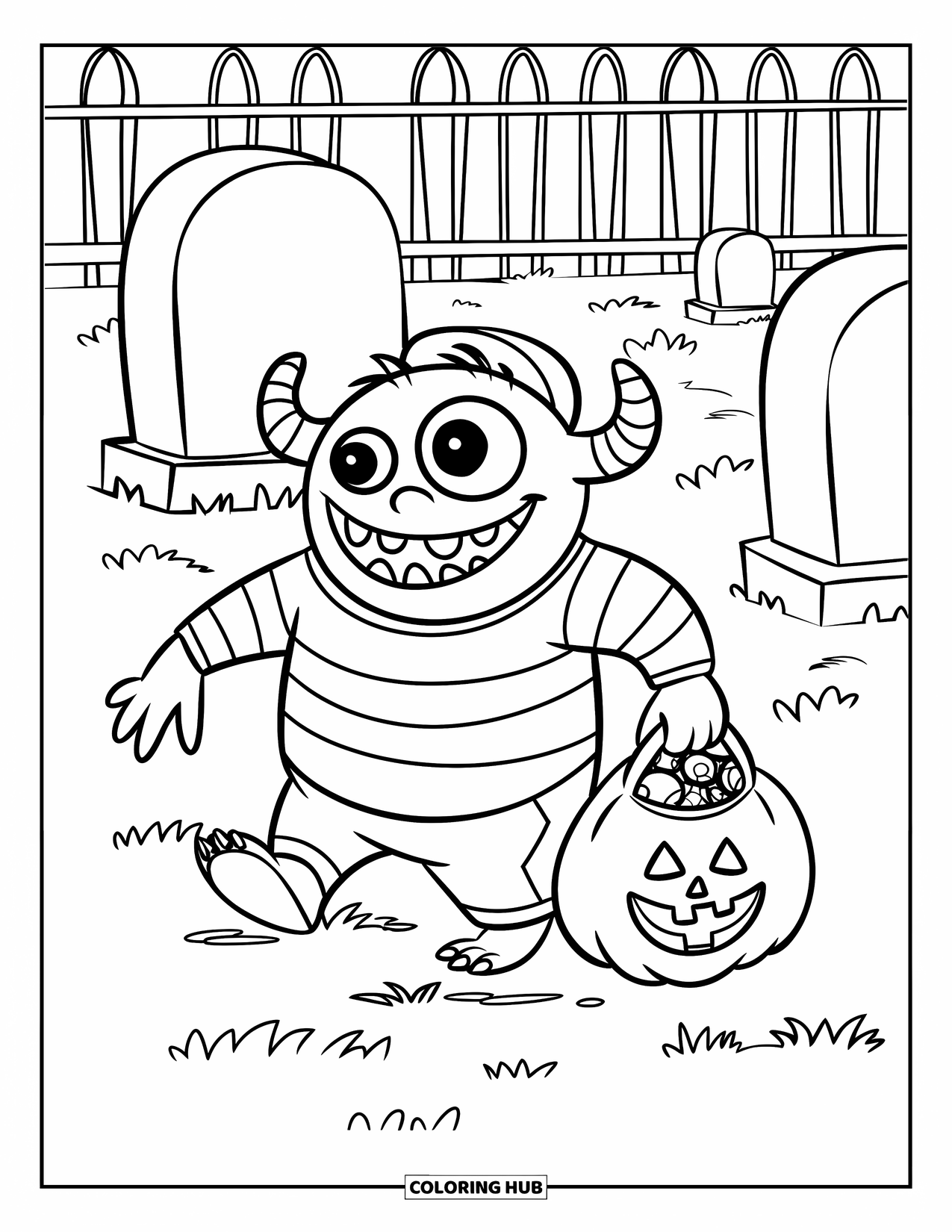 Scary Monster Coloring Page for Kids: A grinning monster with a striped shirt and hat sneaks past gravestones with treats