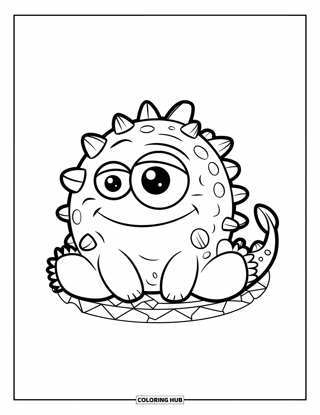 Scary Monster Coloring Page for Kids: A happy spiky monster with bumpy spikes sits on a simple patterned base