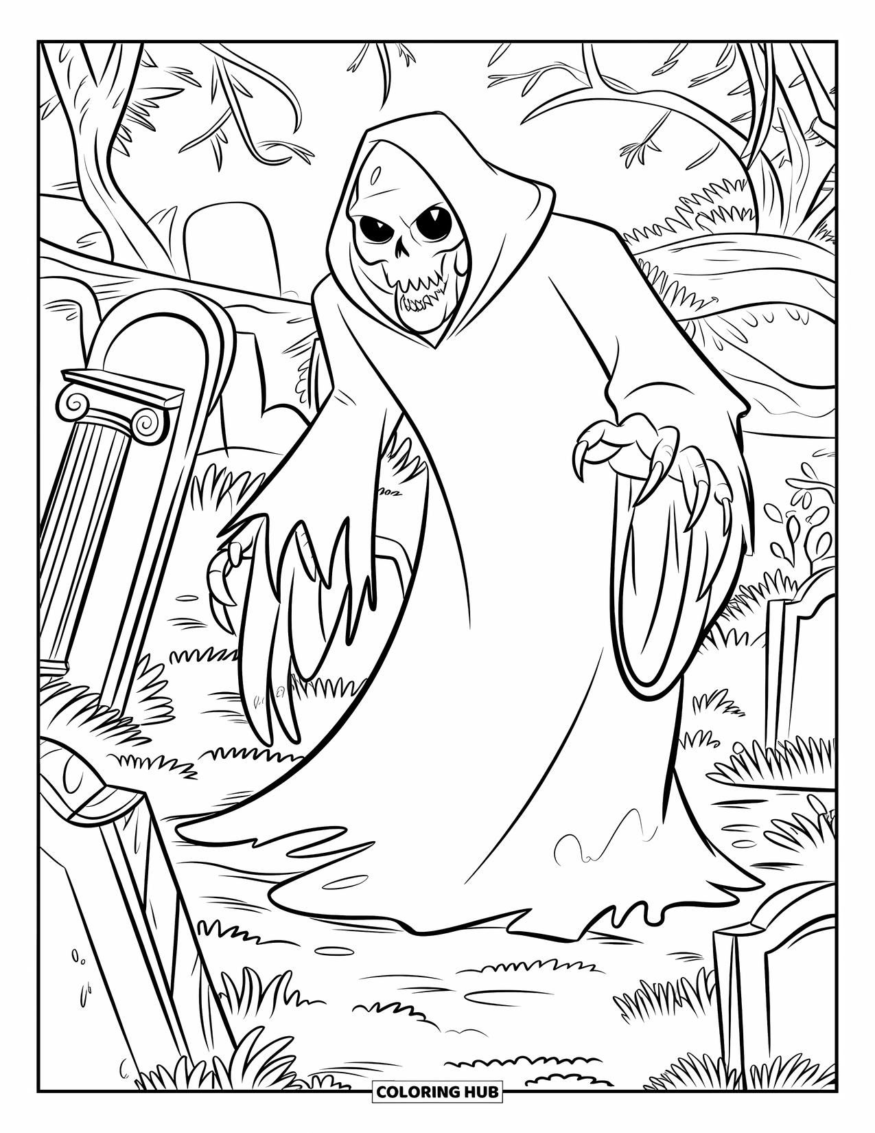 Scary Monster Coloring Page for Kids: A hooded skeletal monster lurks behind crooked gravestones among broken columns and overgrown plants