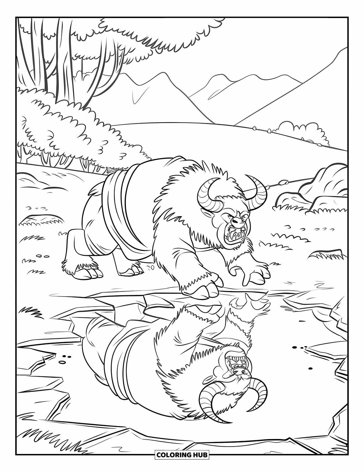 Scary Monster Coloring Page for Kids: A horned brute with a wild look growls by a cracked pond and distant mountains