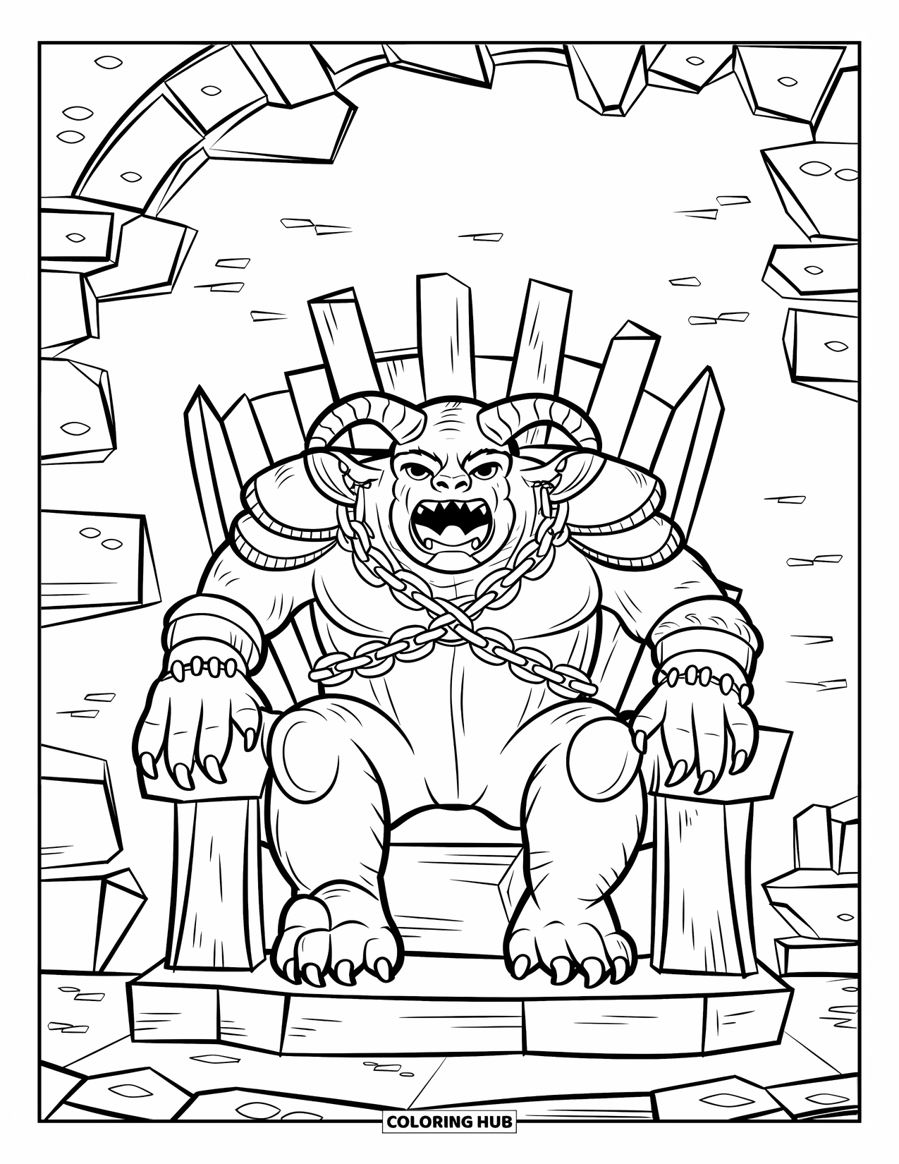 Scary Monster Coloring Page for Kids: A horned monster in chains sits on a ruined stone throne in a broken castle