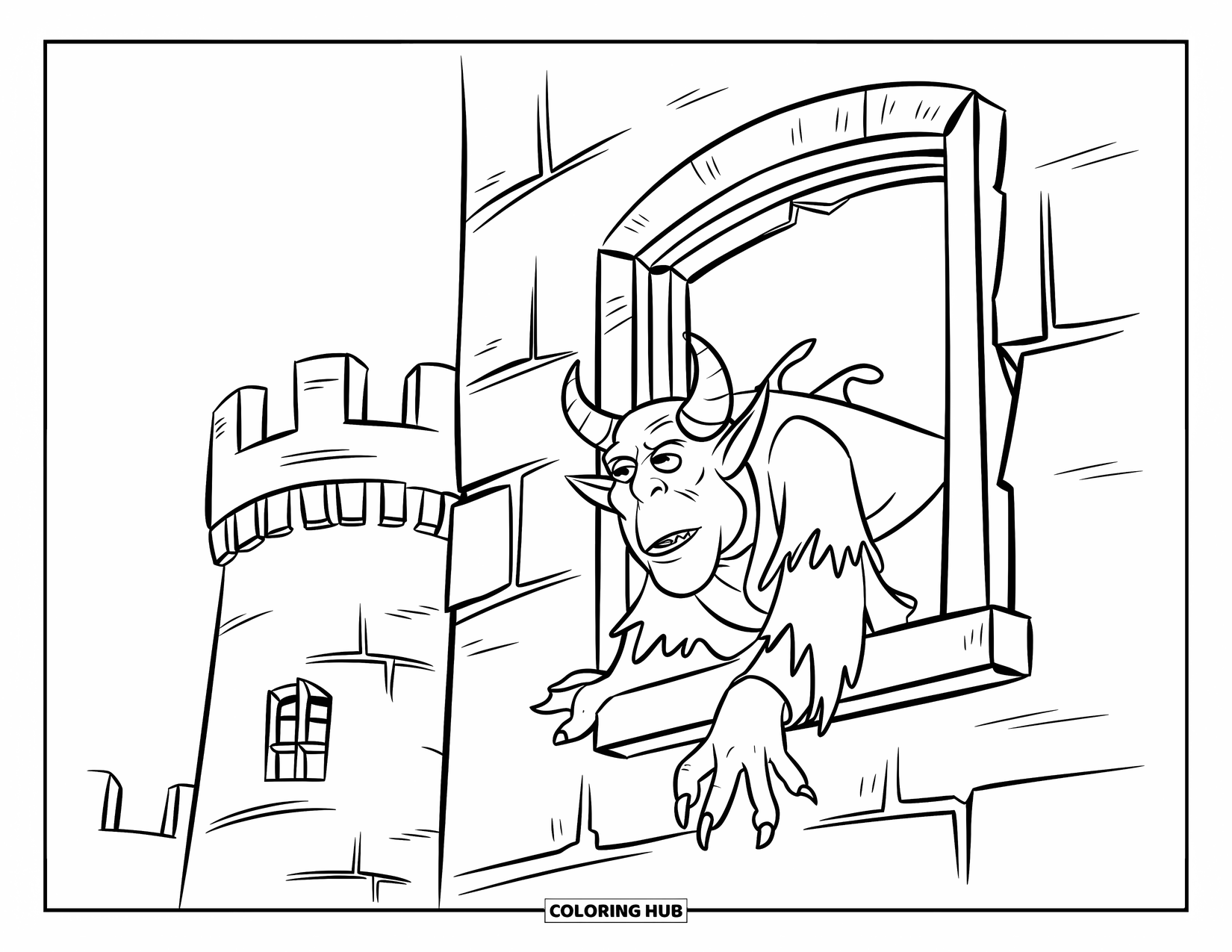 Scary Monster Coloring Page for Kids: A horned monster sneaks through a castle's broken window with a tattered robe