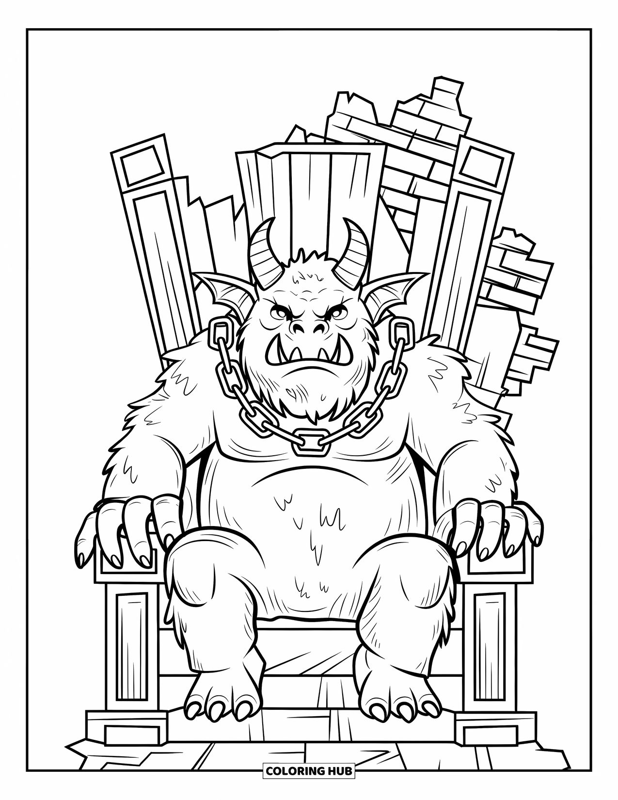 Scary Monster Coloring Page for Kids: A horned monster with chains rests on a broken throne near castle ruins