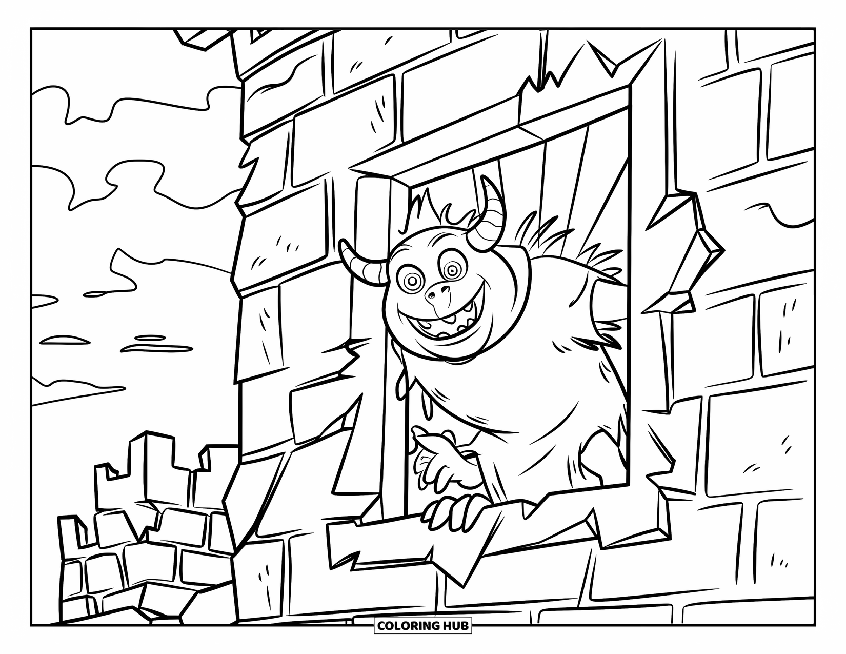 Scary Monster Coloring Page for Kids: A horned, wide-eyed monster grins while sneaking out of a broken castle window