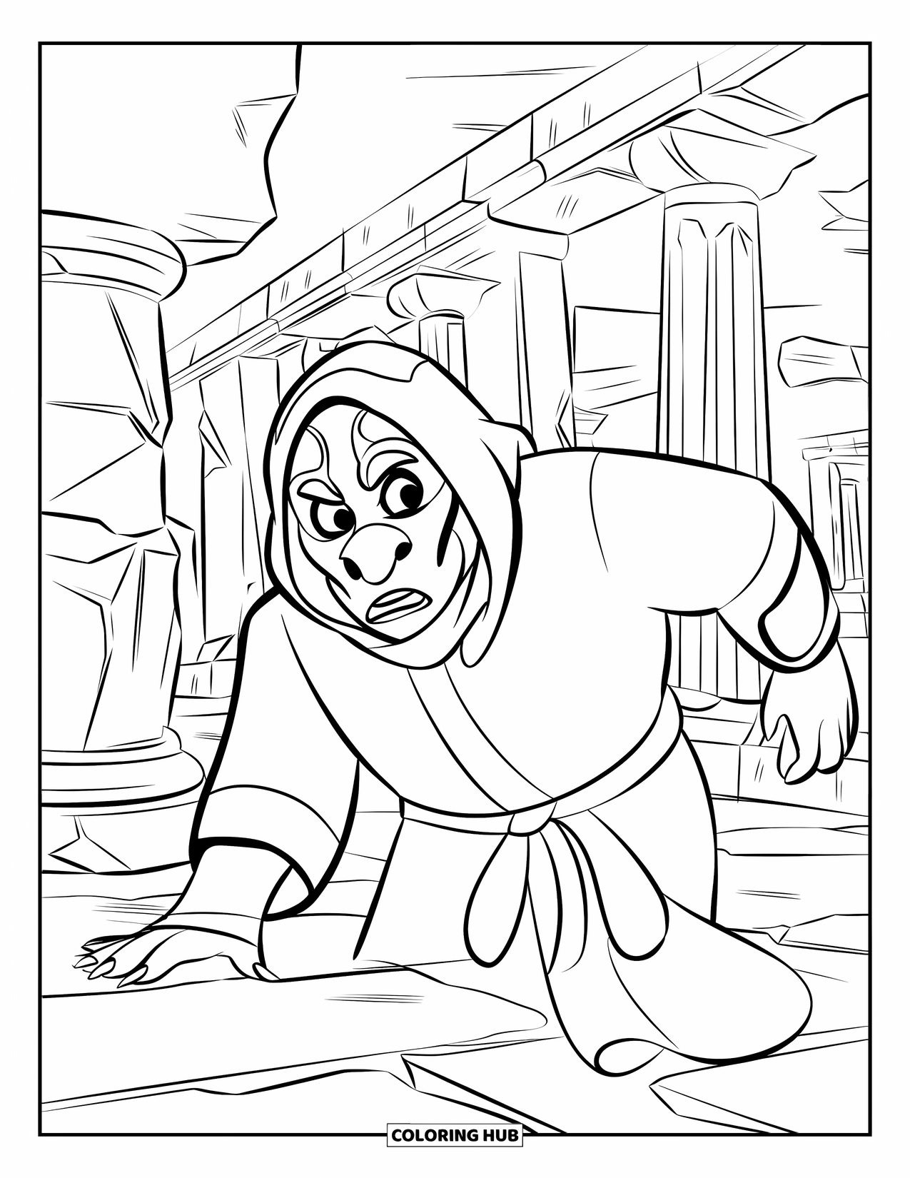 Scary Monster Coloring Page for Kids: A mask-wearing monster sneaks through ancient ruins with crumbling columns