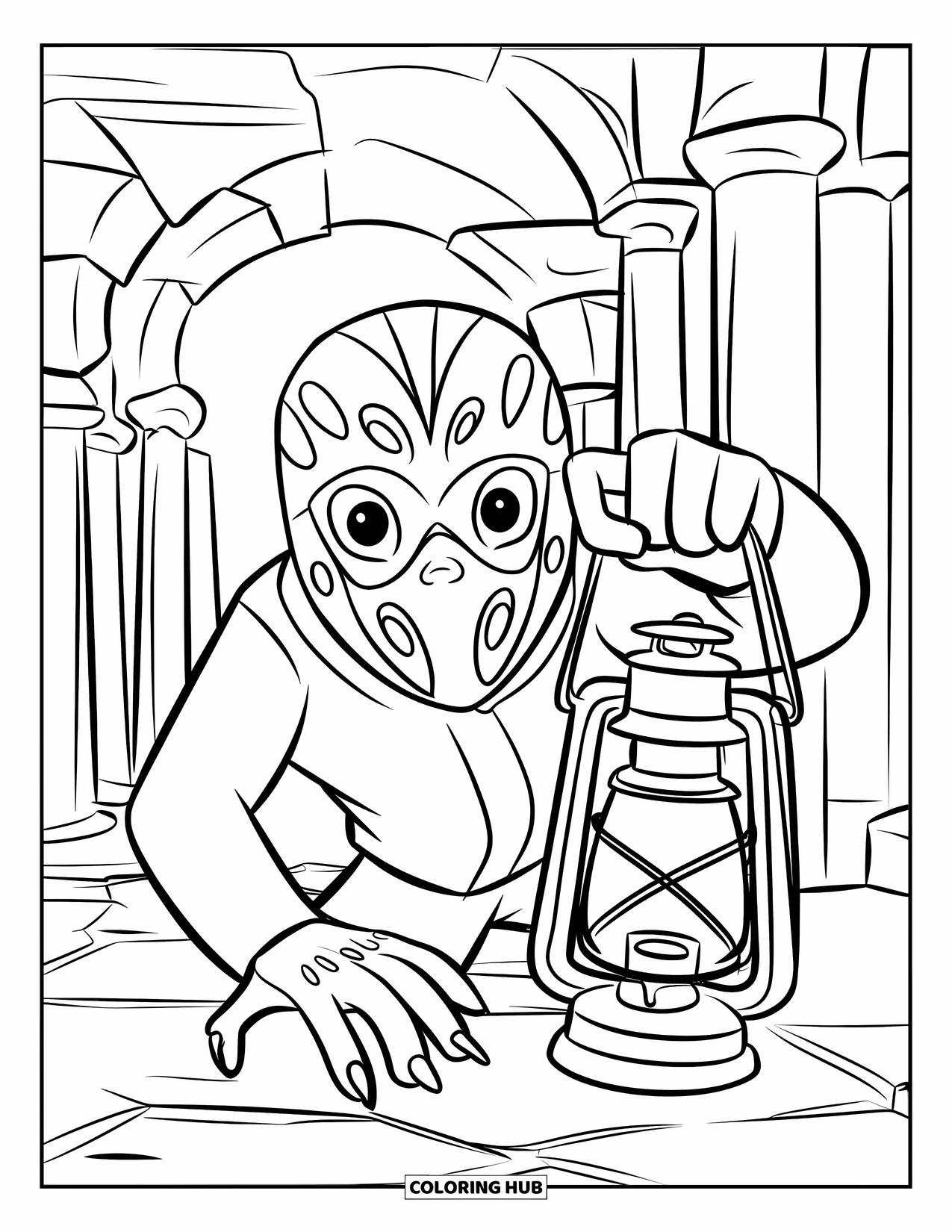 Scary Monster Coloring Page for Kids: A masked monster with a lantern creeps through ancient arches and columns