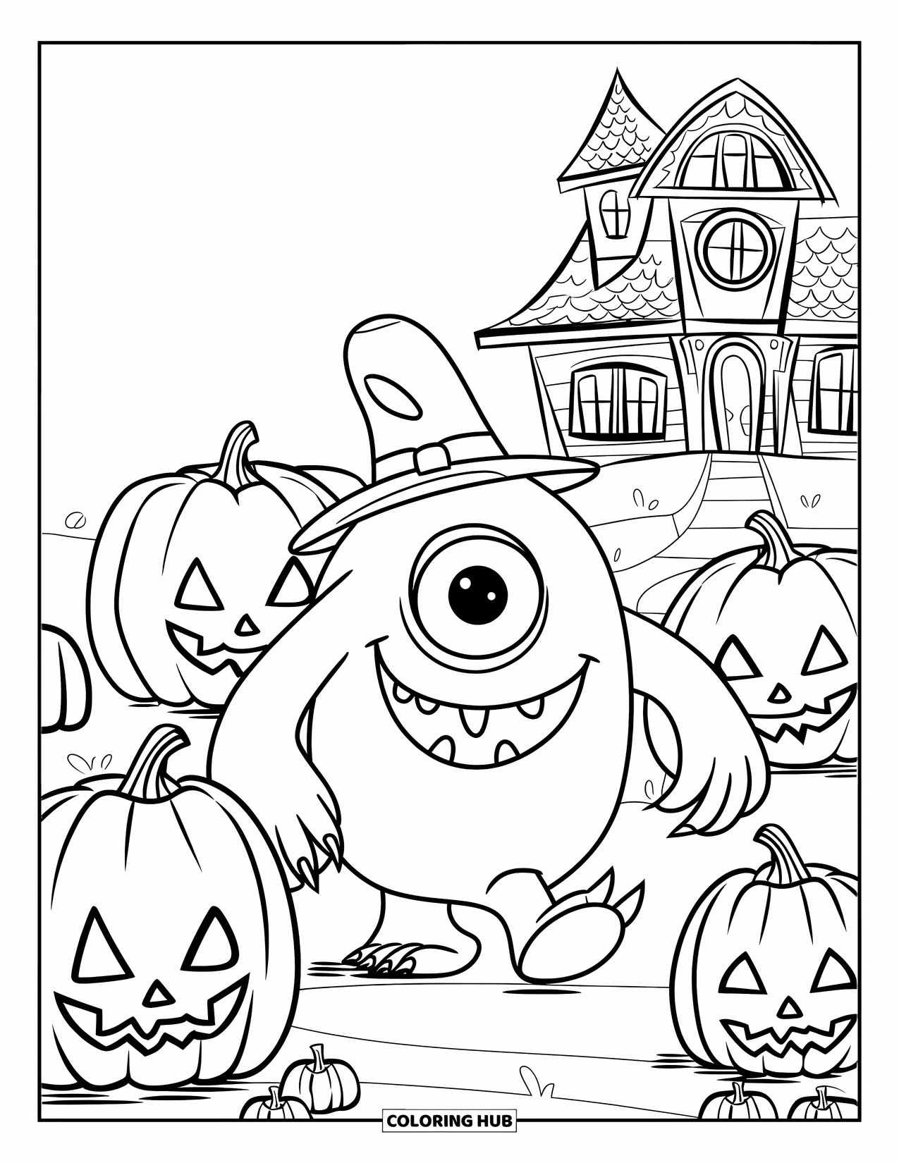 Scary Monster Coloring Page for Kids: A one-eyed monster in a hat wanders through a pumpkin patch near a haunted house