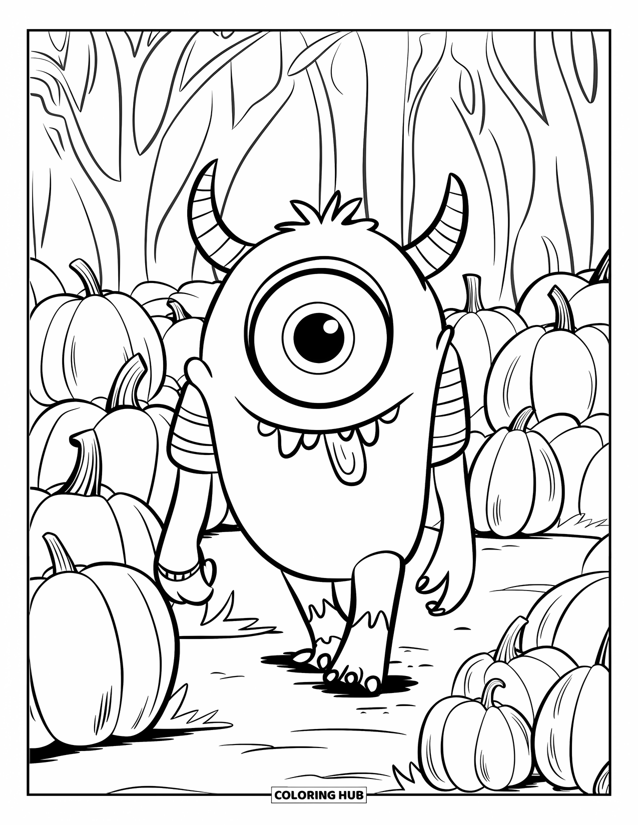 Scary Monster Coloring Page for Kids: A one-eyed monster walks through a haunted pumpkin patch under spooky skies
