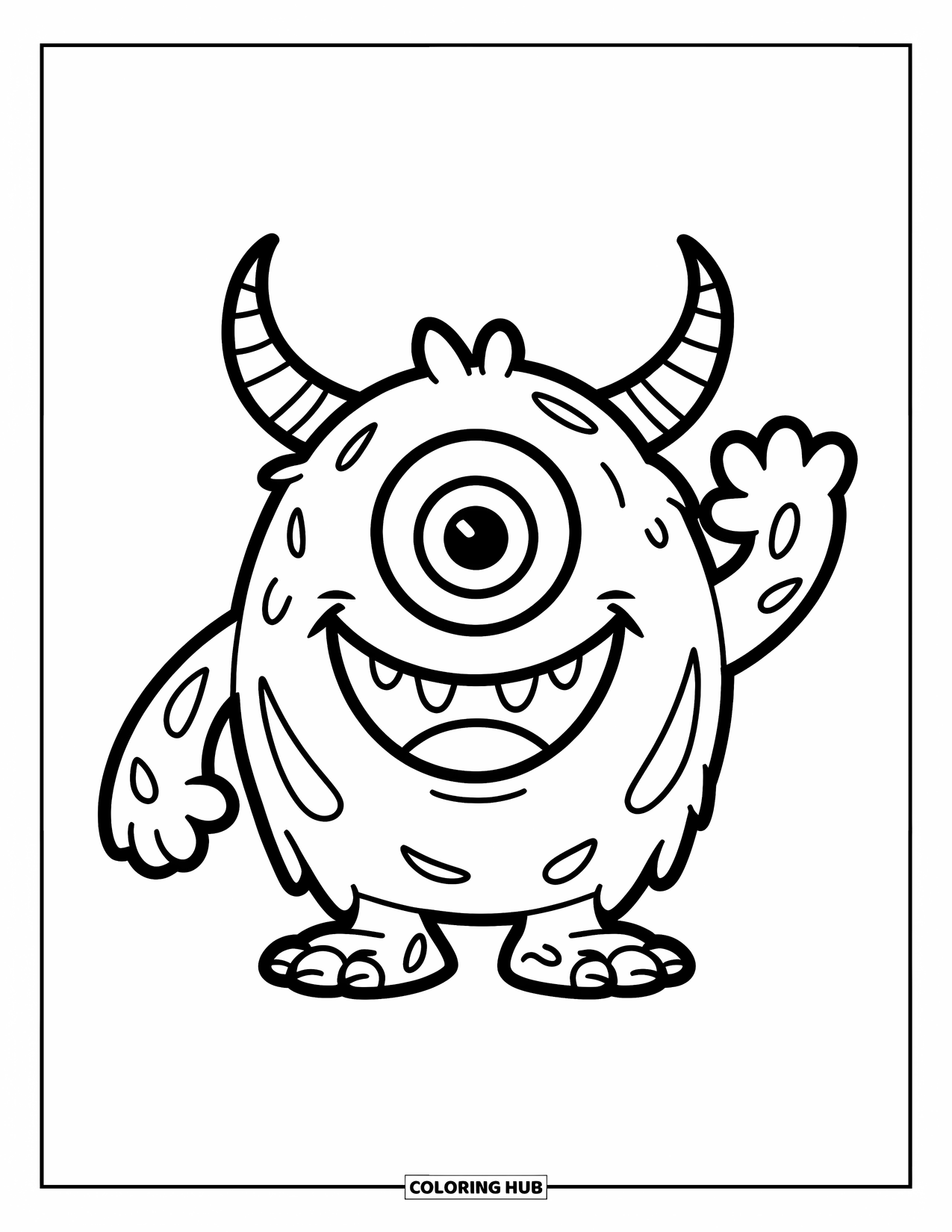 Scary Monster Coloring Page for Kids: A one-eyed monster with horns and a big smile waves happily