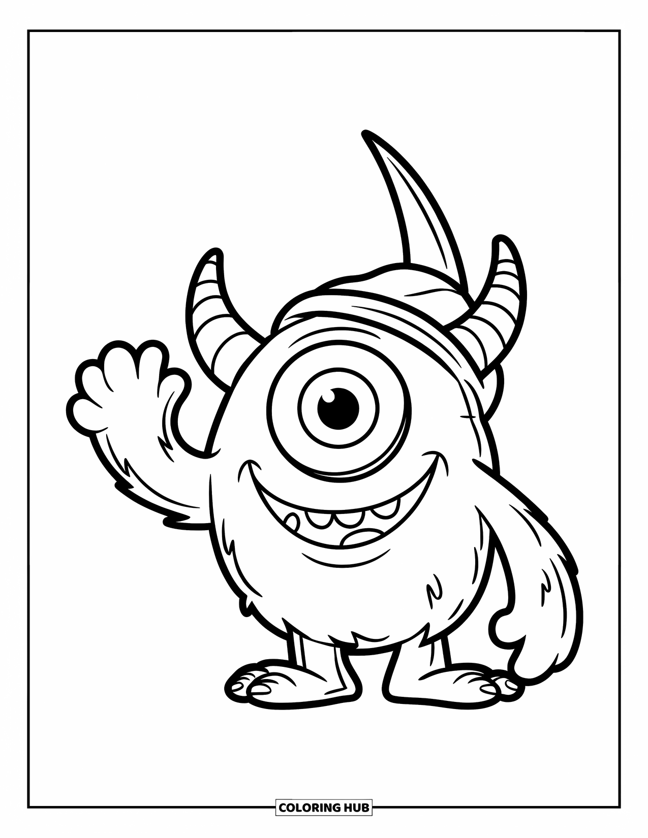 Scary Monster Coloring Page for Kids: A one-eyed monster with little horns waves happily wearing a hat