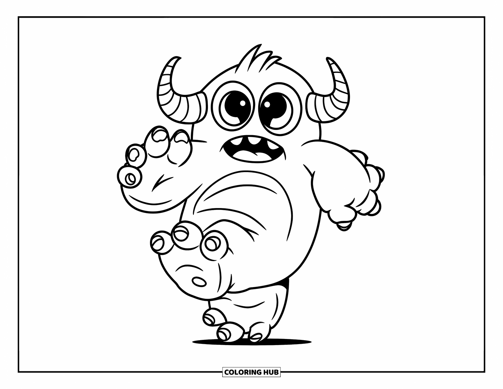Scary Monster Coloring Page for Kids: A round bouncy monster with big feet and curly horns leaps in place